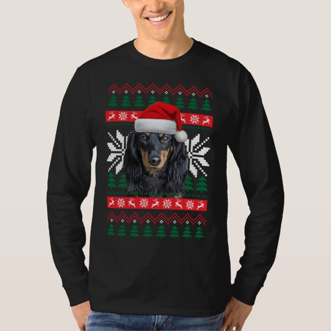 Dachshund Ugly Christmas Sweater Style Santa Hat D (Front)