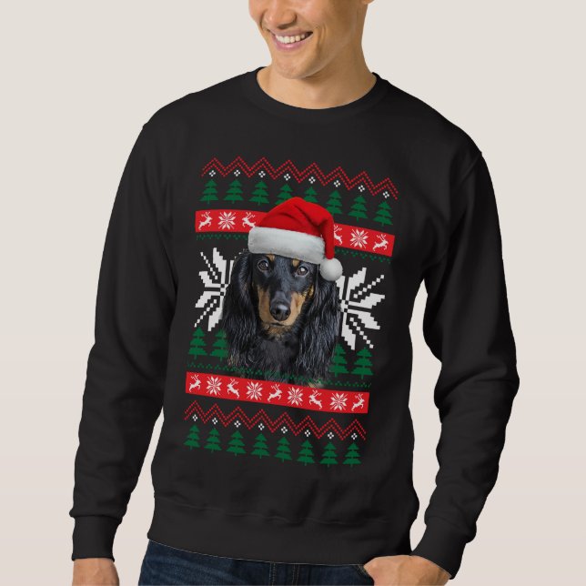 Dachshund Ugly Christmas Sweater Style Santa Hat D (Front)