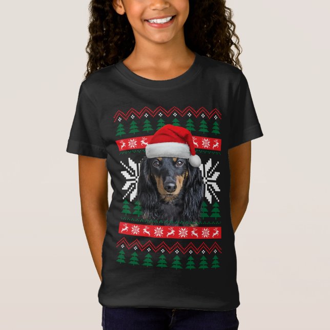 Dachshund Ugly Christmas Sweater Style Santa Hat D (Front)