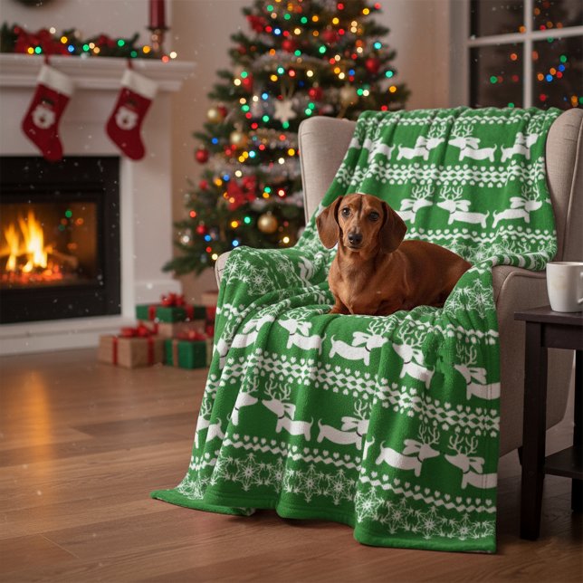 Dachshund Ugly Sweater Snowflakes Fleece Blanket (Green Nordic Dachshund Blanket for Christmas)