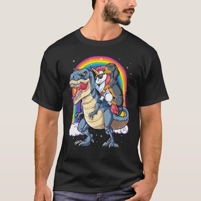 Dachshund Unicorn Riding Dinosaur T Rex  Girls Rai T-Shirt (Front)