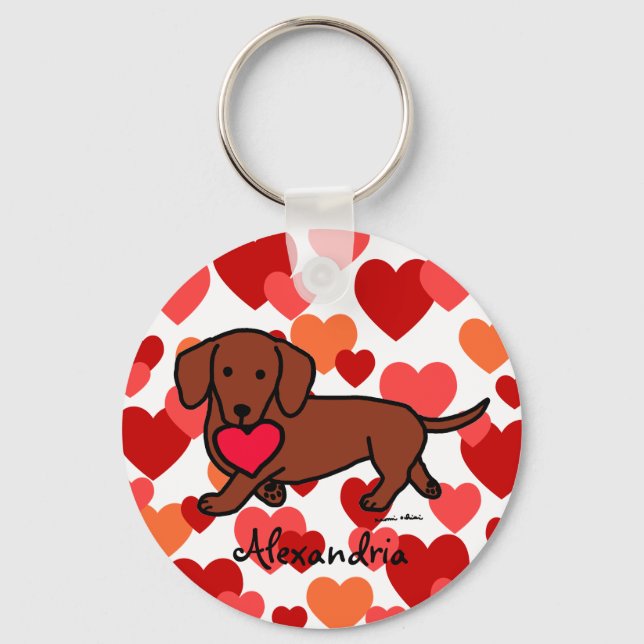 Dachshund Valentine Cartoon Key Ring (Front)
