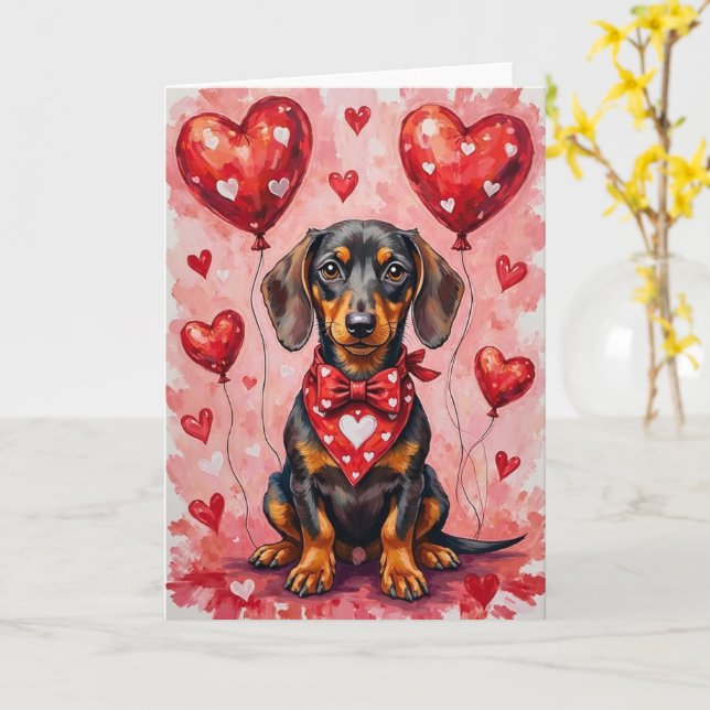 Dachshund Valentine’s Day Dog with Hearts Red Card (Yellow Flower)