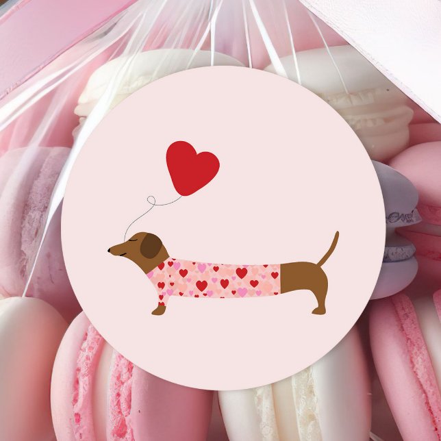 Dachshund Valentine, Valentine's Day Pink and Red Classic Round Sticker (Creator Uploaded)