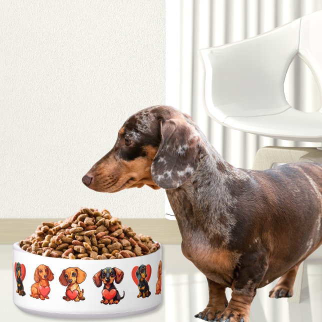 Dachshund Valentine Watercolor with Red Heart  (Dachshund Valentine Watercolor with Red Heart Bowl)