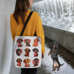 Dachshund Valentine with Red Heart Watercolor Tote Bag