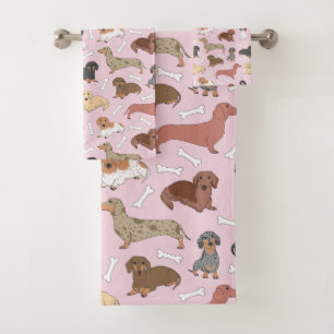 dachshund variety pattern in pink bath towel set