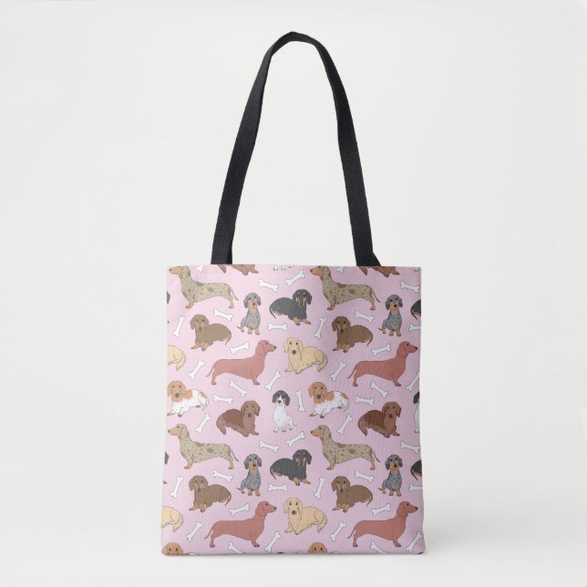 dachshund variety pattern in pink tote bag (Front)