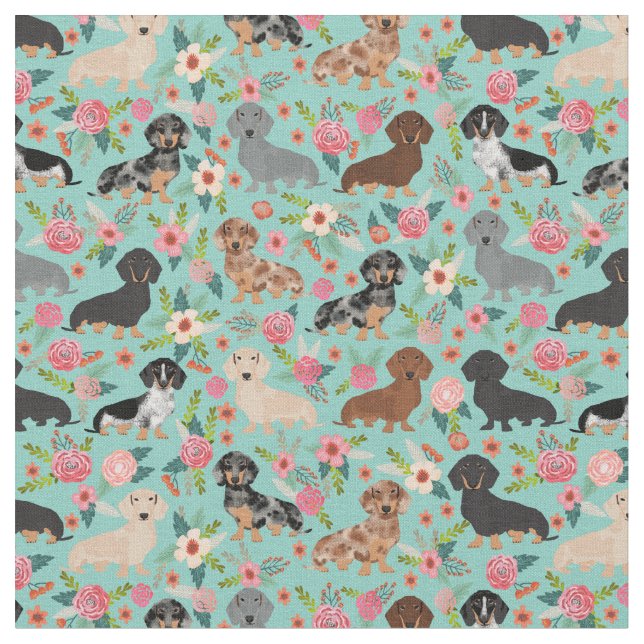 Dachshund Vintage Florals Fabric (Close Up)