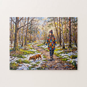 Dachshund Walking Along Sunlit Snowy Forest Path Jigsaw Puzzle