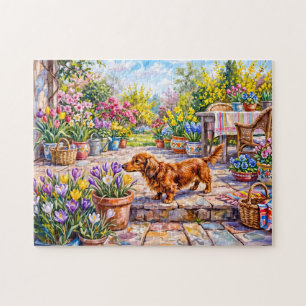 Dachshund Walking Through Colourful Blooming Sprin Jigsaw Puzzle
