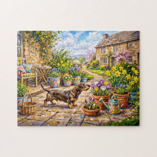 Dachshund Walking Through Colourful Flower Patio G Jigsaw Puzzle