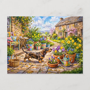 Dachshund Walking Through Colourful Flower Patio G Postcard