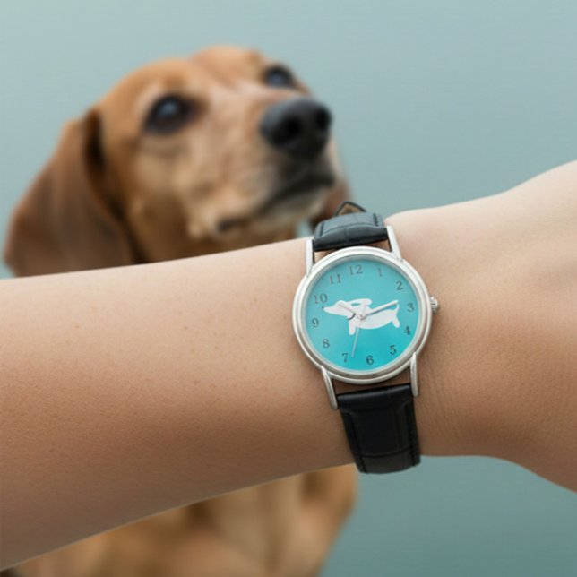Dachshund Watch Teal Face Leather Band (Wiener dog watch - leather band)