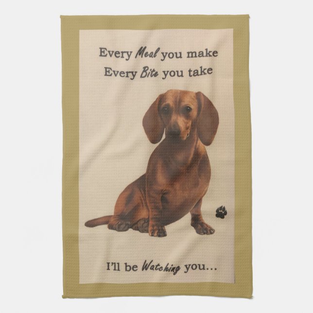 Dachshund Watching Kitchen Towel (Vertical)