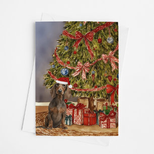 Dachshund Watercolor Under the Christmas Tree Card