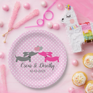 Dachshund Wedding Personalise Pink Kissing Doxies Paper Plate