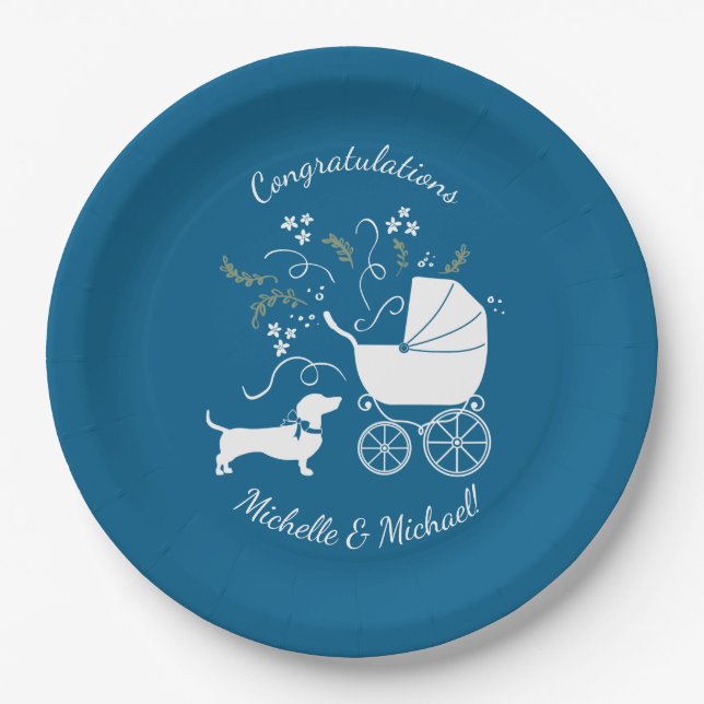 Dachshund Wiener Dog Baby Shower Blue Boy Paper Plate (Front)