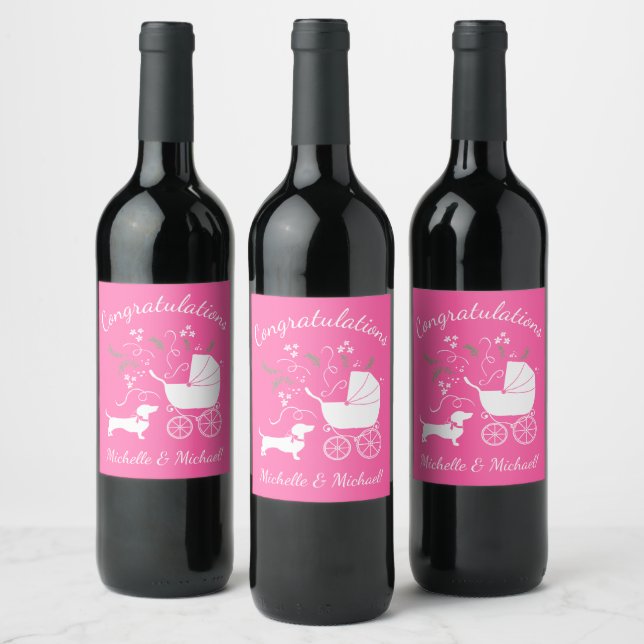 Dachshund Wiener Dog Baby Shower Pink Girl Wine Label (Bottles)