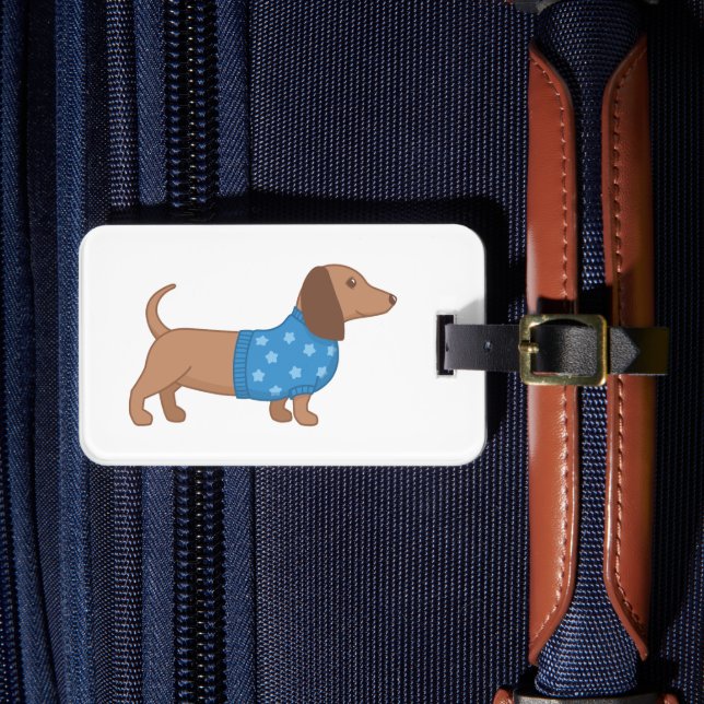 Dachshund Wiener Dog Blue Star Sweater Luggage Tag (Front Insitu 4)