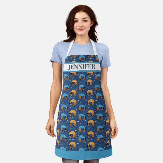 Dachshund Wiener Dog Custom Name Cute Pattern Apron (Worn)