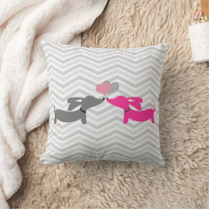 Dachshund Wiener Dog Love on Grey Chevrons Cushion