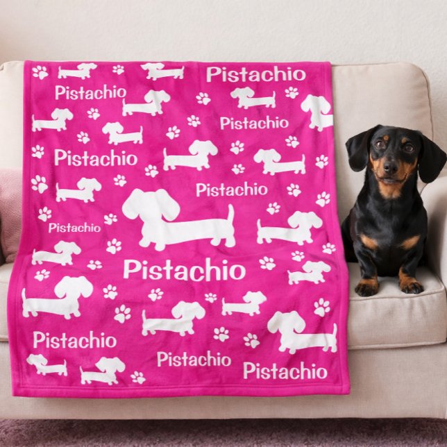 Dachshund Wiener Dog Personalised Blanket Pink (Personalized dachshund blanket in variety of colors - pink, red, teal, blue, orange, gray and more)