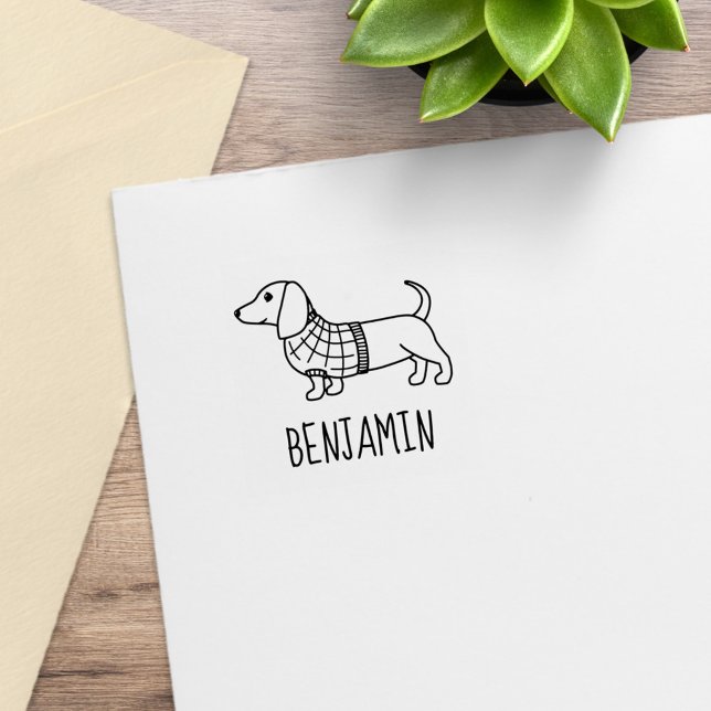 Dachshund Wiener Dog Plaid Sweater Custom Name 1x1 Rubber Stamp (Creator Uploaded)