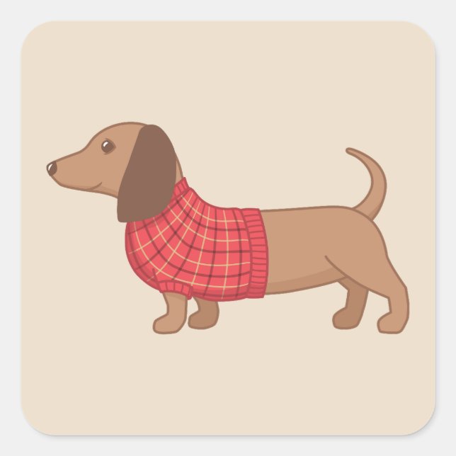 Dachshund Wiener Dog Red Plaid Sweater on Beige Square Sticker (Front)