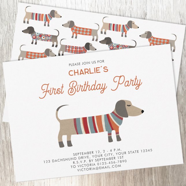 Dachshund Wiener Sausage Dog First Birthday Party Invitation (Fun Dachshund Wiener Sausage Dog personalized first birthday party invitation)