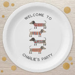 Dachshund Wiener Sausage Dog Personalised Paper Plate<br><div class="desc">Cute little Dachshund sausage or wiener dogs in woolly knitwear. Perfect for dog lovers.  Change or remove the top and lower text to personalise.  Original art by Nic Squirrell.</div>