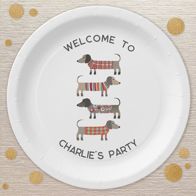 Dachshund Wiener Sausage Dog Personalised Paper Plate (Cute personalized name and message Dachshund Wiener Sausage dog party paper plates)