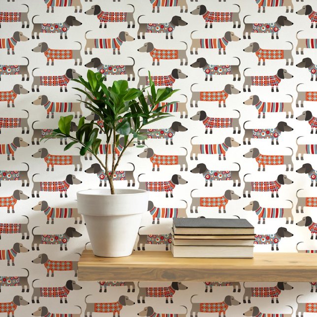Dachshund Wiener Sausage Dog Wallpaper (Fun Dachshund Wiener Sausage Dogs in sweaters pattern peel and stick wallpaper)