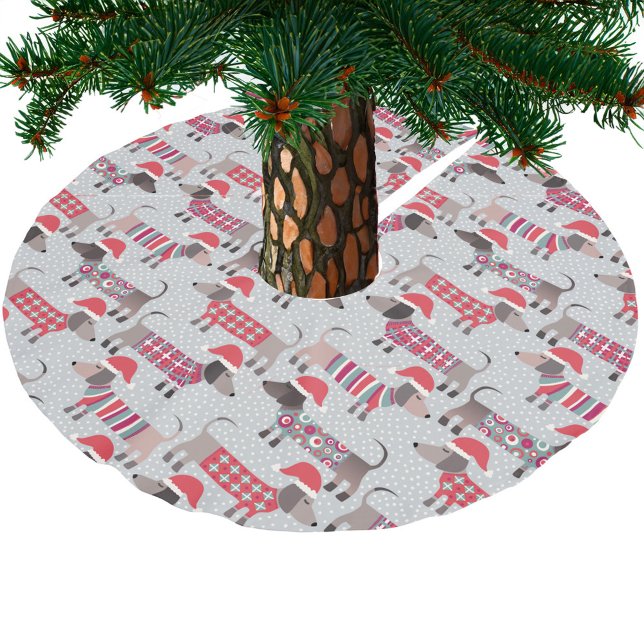 Dachshund Wiener Sausage Dogs in Christmas Hats Brushed Polyester Tree Skirt (Fun Dachshund dogs in Santa hats festive Christmas tree skirt)