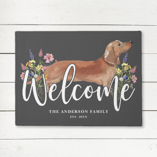 Dachshund Wildflower Grey Welcome Doormat