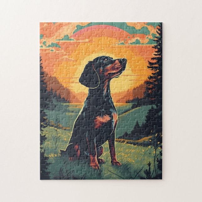 Dachshund winter mountain forest during sunset jigsaw puzzle (Vertical)