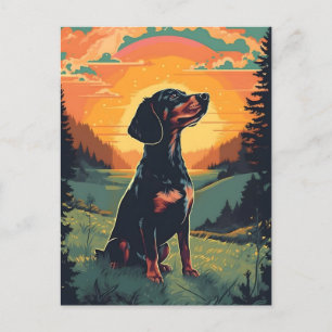 Dachshund winter mountain forest during sunset postcard