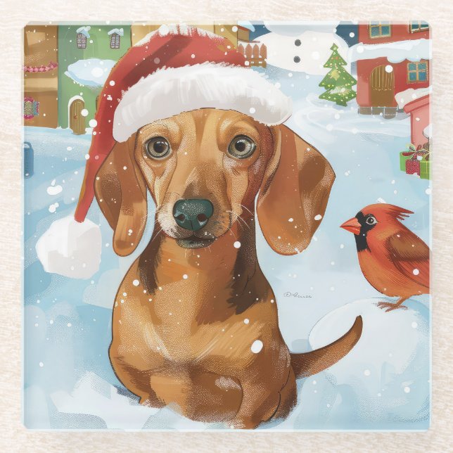 Dachshund Winter Wonderland Christmas Joy Glass Coaster (Front)