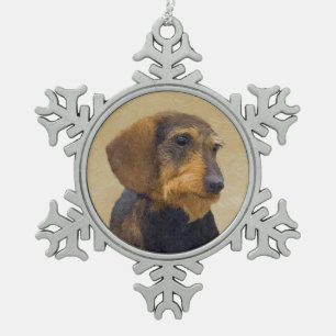 Dachshund (Wirehaired) Painting Original Dog Art Snowflake Pewter Christmas Ornament