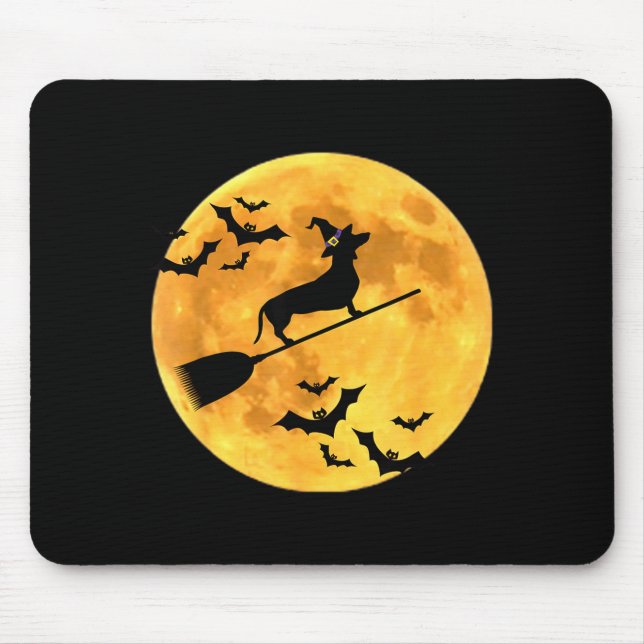 Dachshund Witch Dog Halloween Moon Broomstick Broo Mouse Pad (Front)
