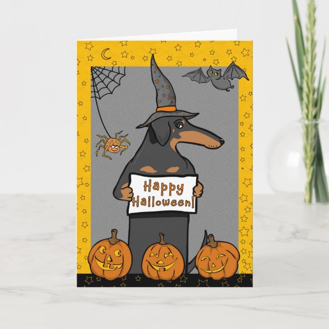 Dachshund Witch Halloween Card (Front)