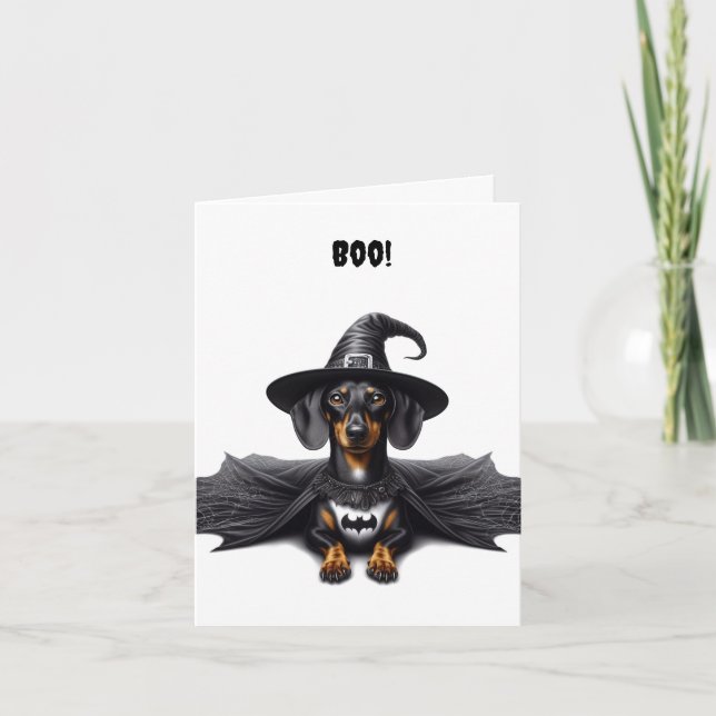 Dachshund Witch Halloween Folded Greeting Card (Front)