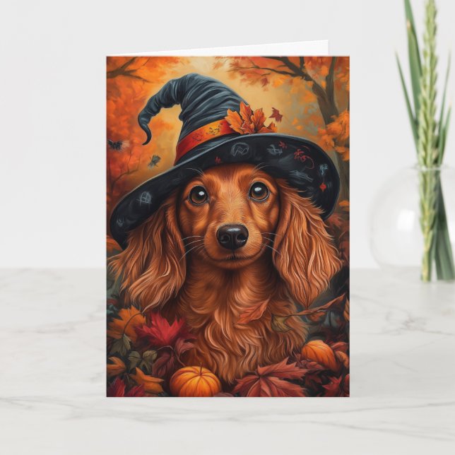Dachshund Witch Halloween Holiday Card (Front)