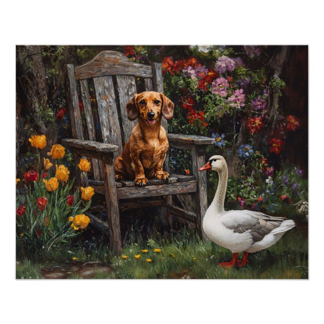 Dachshund with a Goose in a Garden Poster (Front)