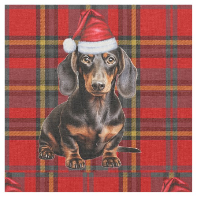 Dachshund with a Red Green Plaid Holiday Fabric (Close Up)