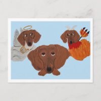 Dachshund with angel and devil