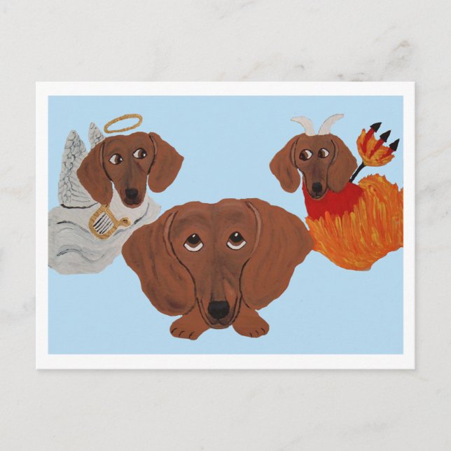Dachshund with angel and devil invitation postcard (Front)