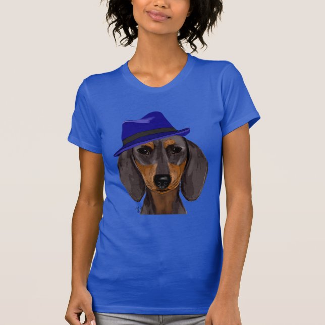 Dachshund With Blue Trilby T-Shirt (Front)