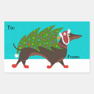 Dachshund with Christmas Tree Gift Sticker Lable