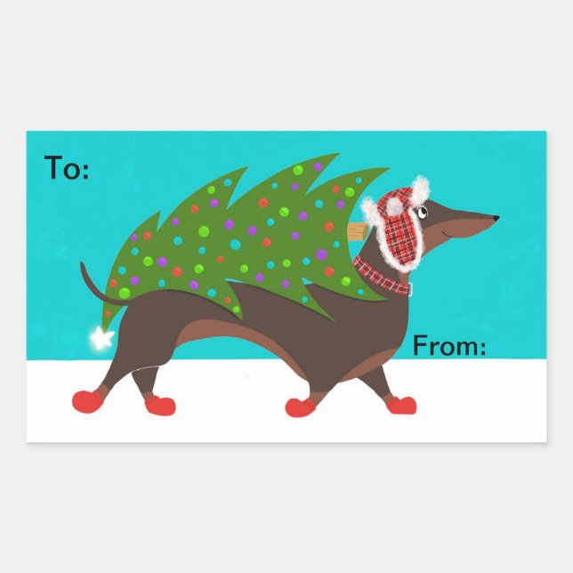 Dachshund with Christmas Tree Gift Sticker Lable (Front)